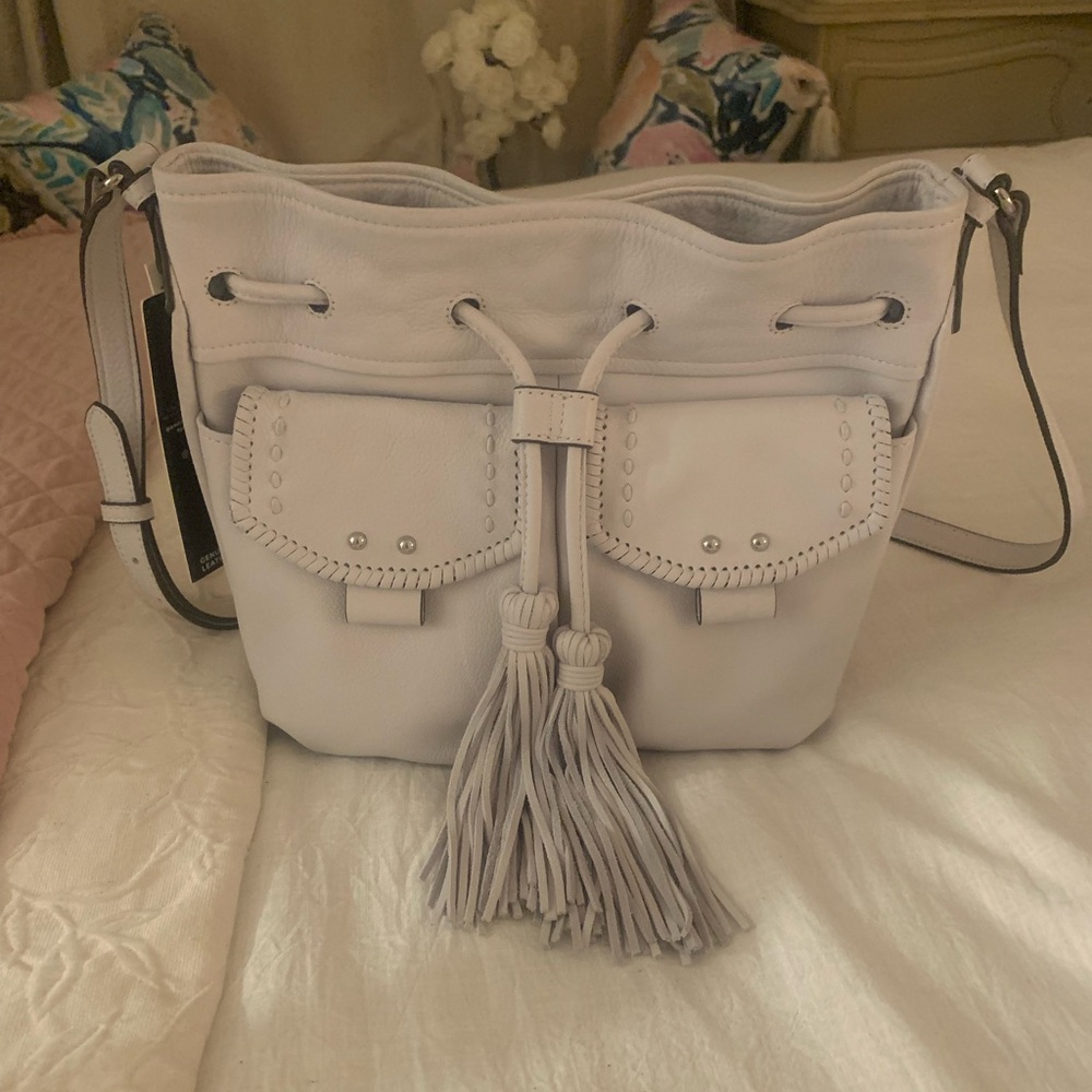 Aimee Kestenberg “Fly with Me” bucket purse crossbody cloud leather tassels NWT